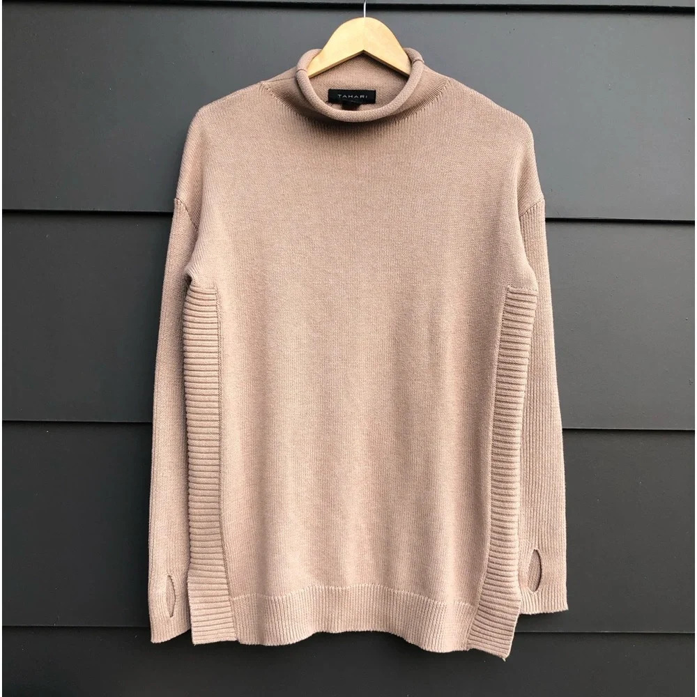 Tahari Rollneck Cotton Mix Sweater with side ribbing feature - S